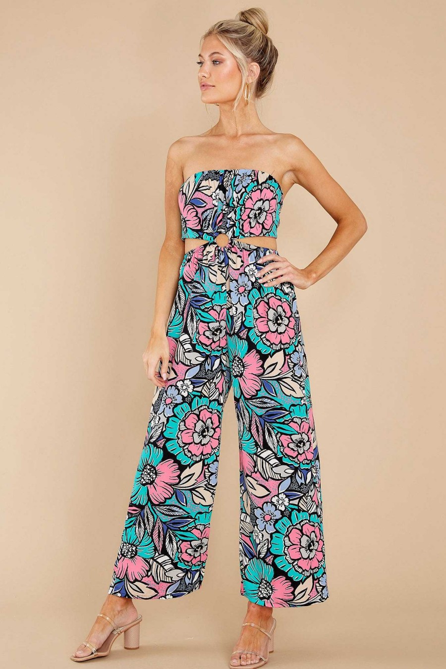 Clothing Red Dress Jumpsuits | Extraordinary Feeling Teal Multi Floral Print Jumpsuit Teal Multifloral