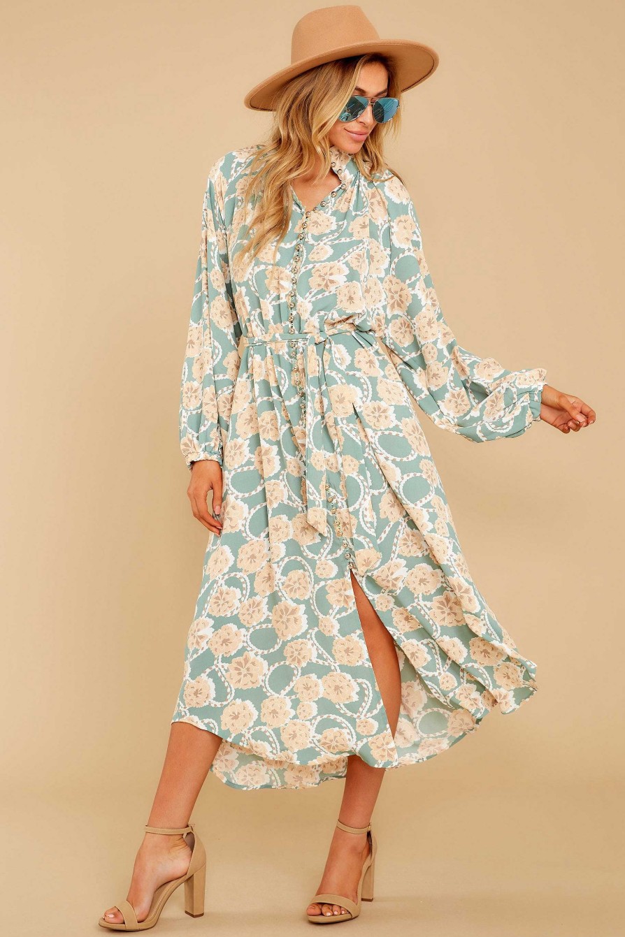 Clothing Aura Midi Dresses | That Moment Print Midi Dress Sage