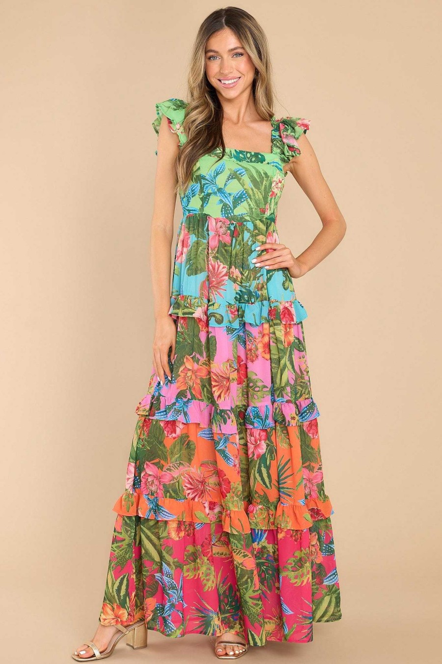 Clothing Red Dress Maxi Dresses | Out Of Control Tropical Print Maxi Dress Green