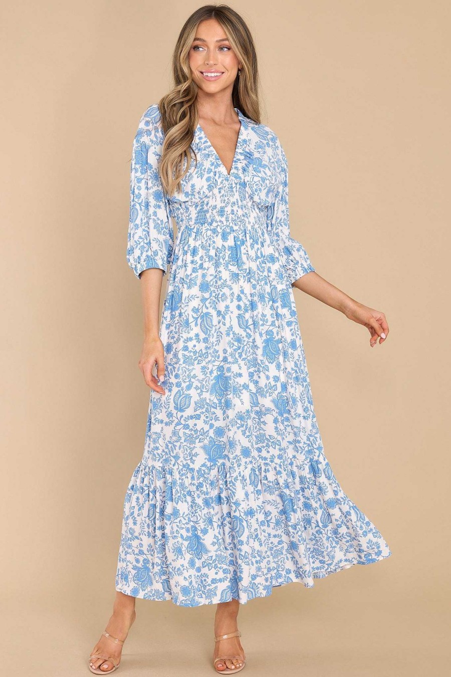 Clothing Red Dress Long Sleeve Dresses | Rain Check Floral Print Dress Blue