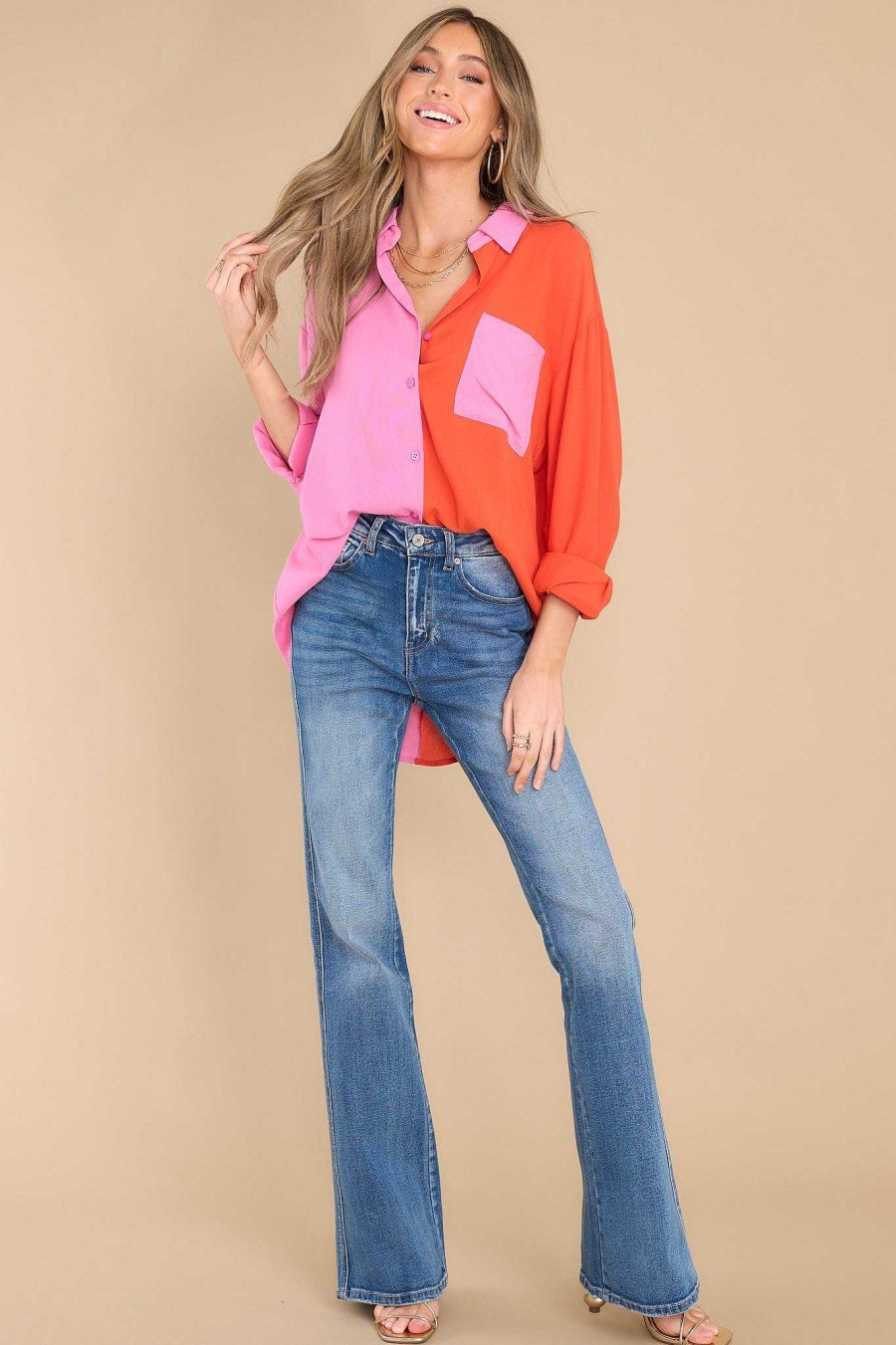 Clothing Red Dress Casual Tops | Two-Faced Colorblock Top Pink