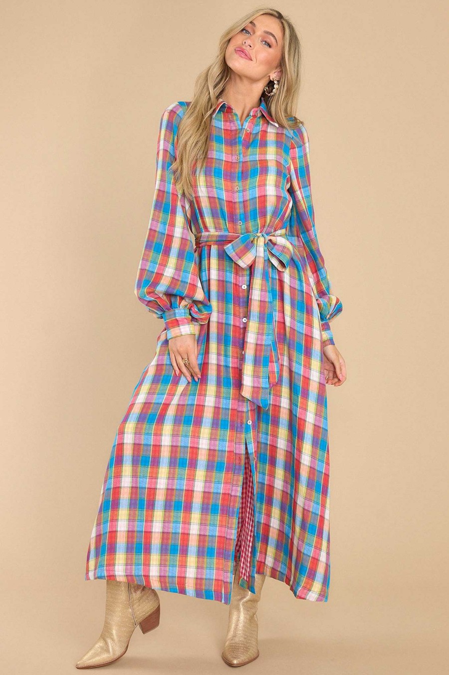 Clothing Aura Maxi Dresses | Closing That Door Multi Plaid Maxi Dress Blue