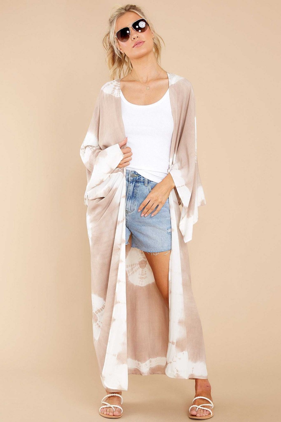 Clothing Red Dress Cover Ups | Focus On The Good Tie Dye Kimono Light Mocha