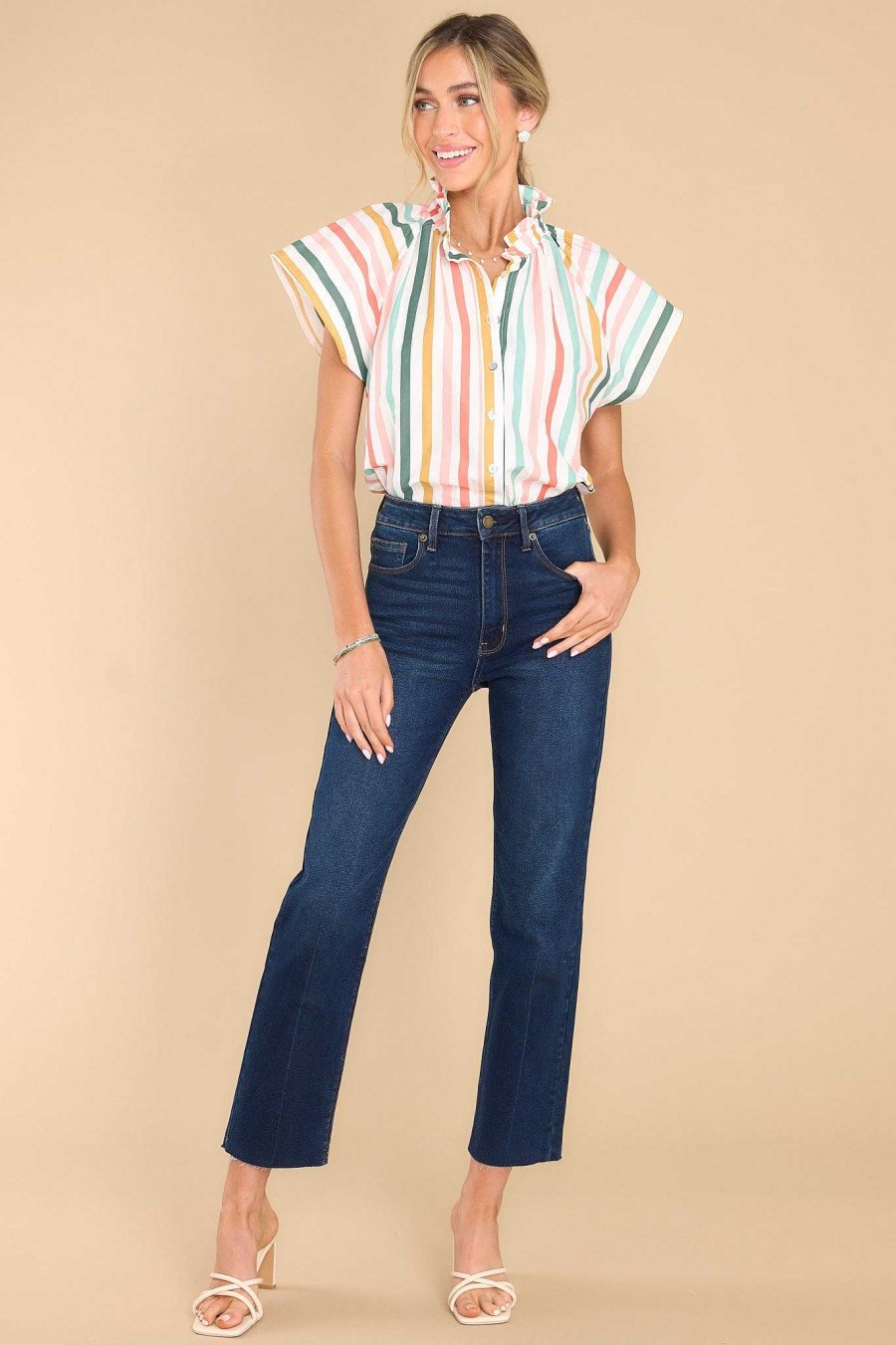Clothing Aura Casual Tops | Sailing Away Spiced Multi Stripe Top Coral