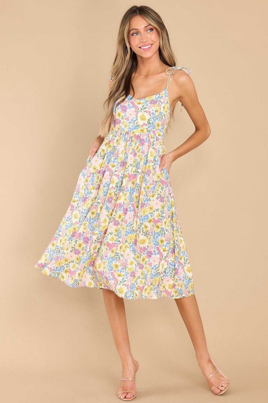 Clothing Aura Midi Dresses | Chasing Sun Beams Multi Floral Print Midi Dress Yellow