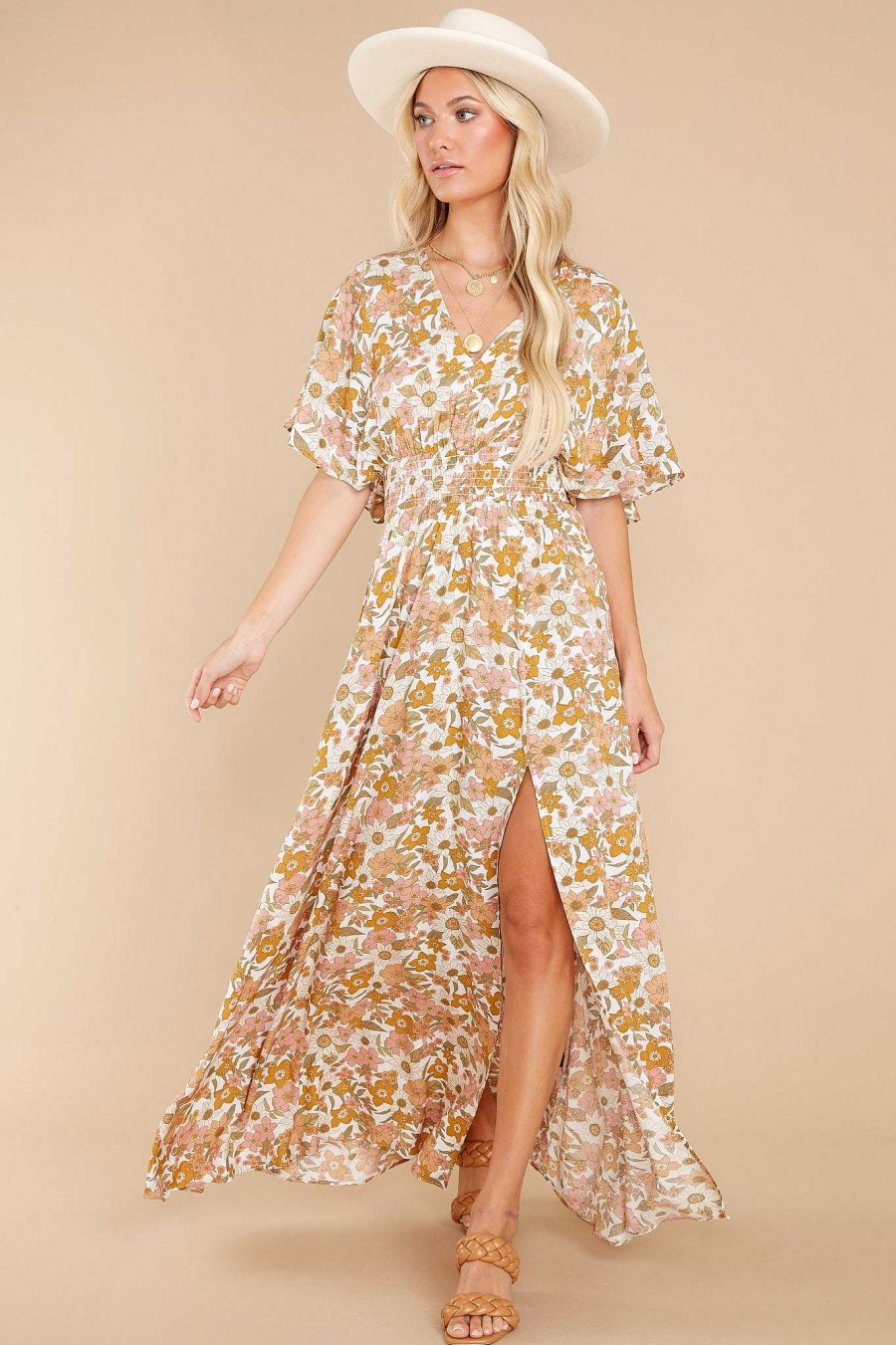 Clothing Red Dress Maxi Dresses | Charming Delicacy Floral Print Maxi Dress Ivory