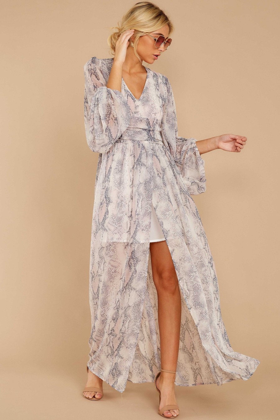 Clothing Olivaceous Maxi Dresses | Coming Through Blush Multi Snake Print Maxi Dress Grey