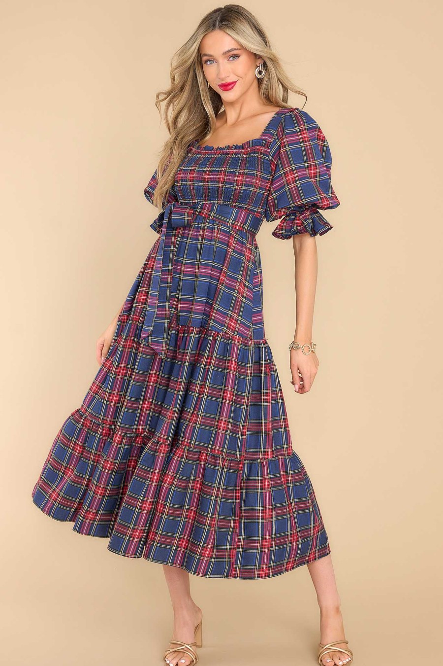 Clothing Aura Midi Dresses | Wishful Wonderland Plaid Midi Dress Navy