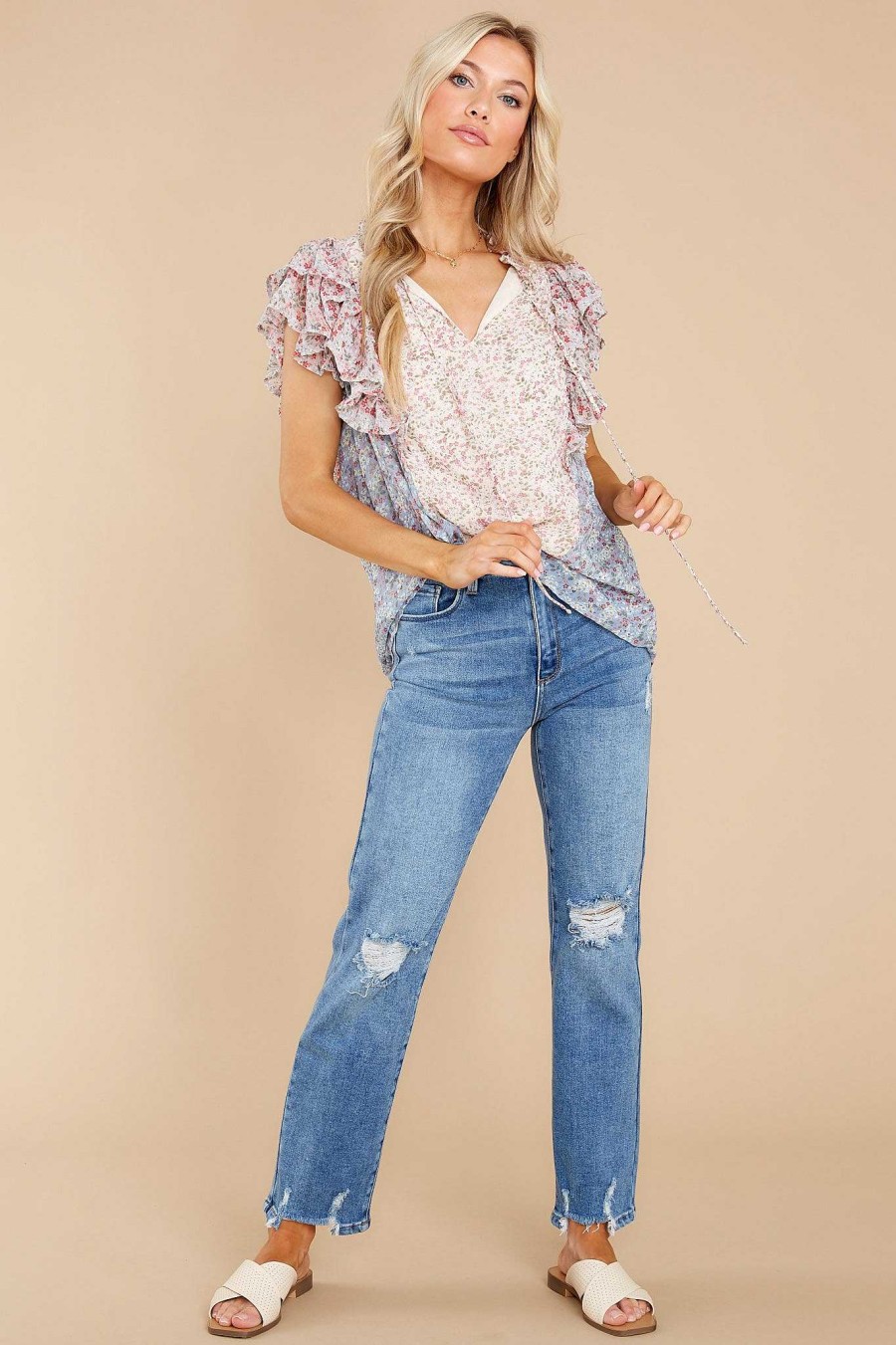 Clothing Red Dress Blouses & Shirts | In The Season Cream And Pink Floral Print Top Blue