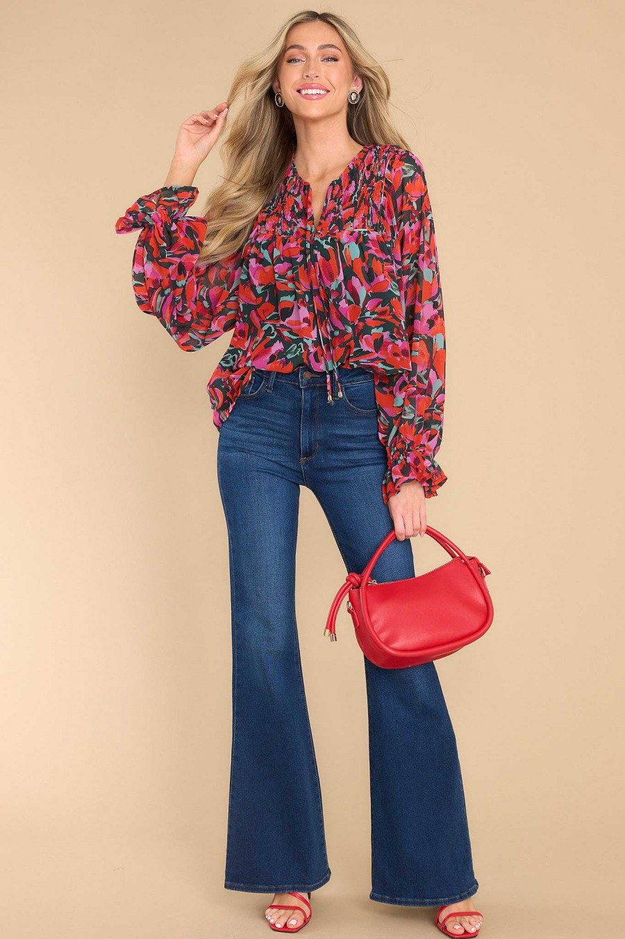 Clothing Red Dress Casual Tops | Let'S Make Plans Floral Print Top Hunter Green