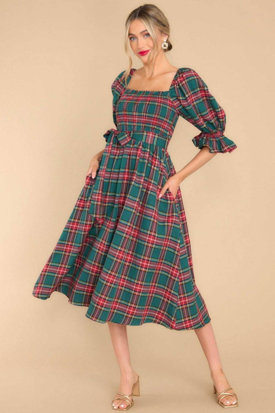Clothing Aura Midi Dresses | Wishful Wonderland Plaid Midi Dress Emerald