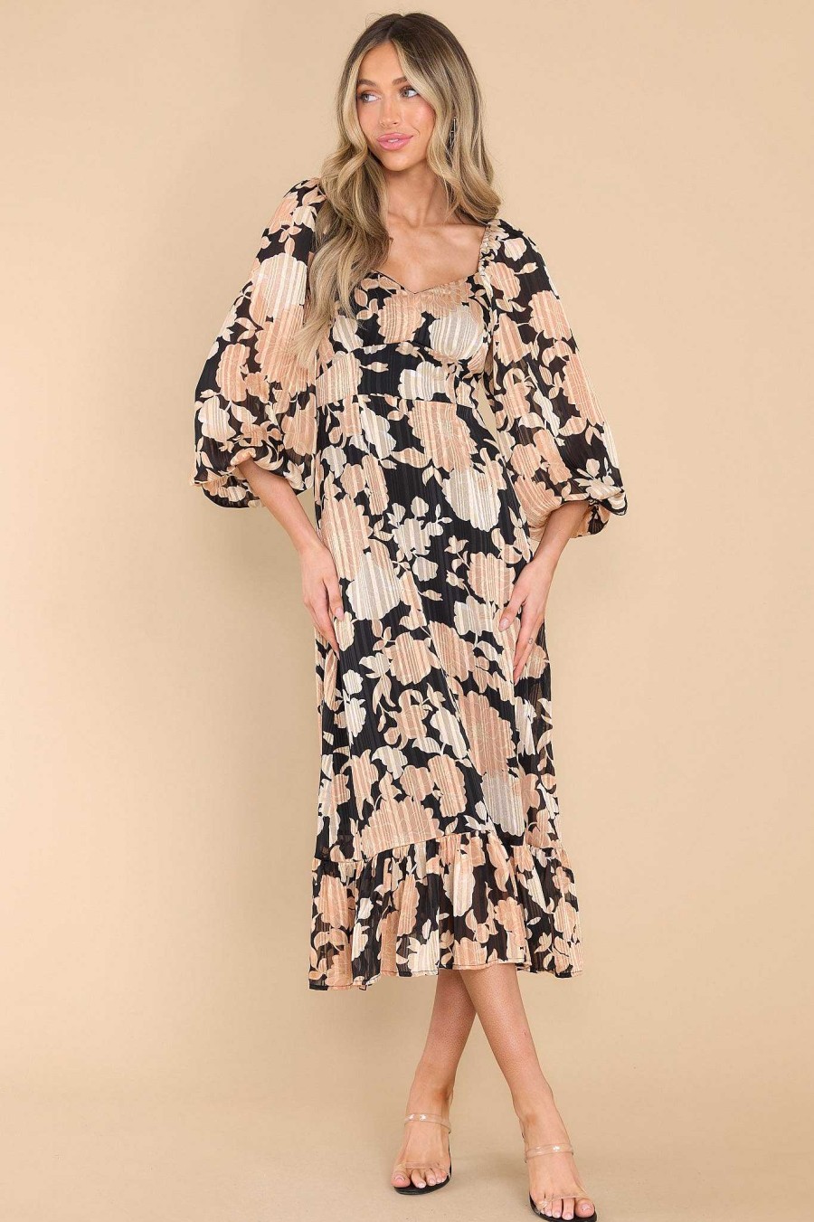 Clothing MINKPINK Long Sleeve Dresses | Bonnie Black Floral Midi Dress Black Multi