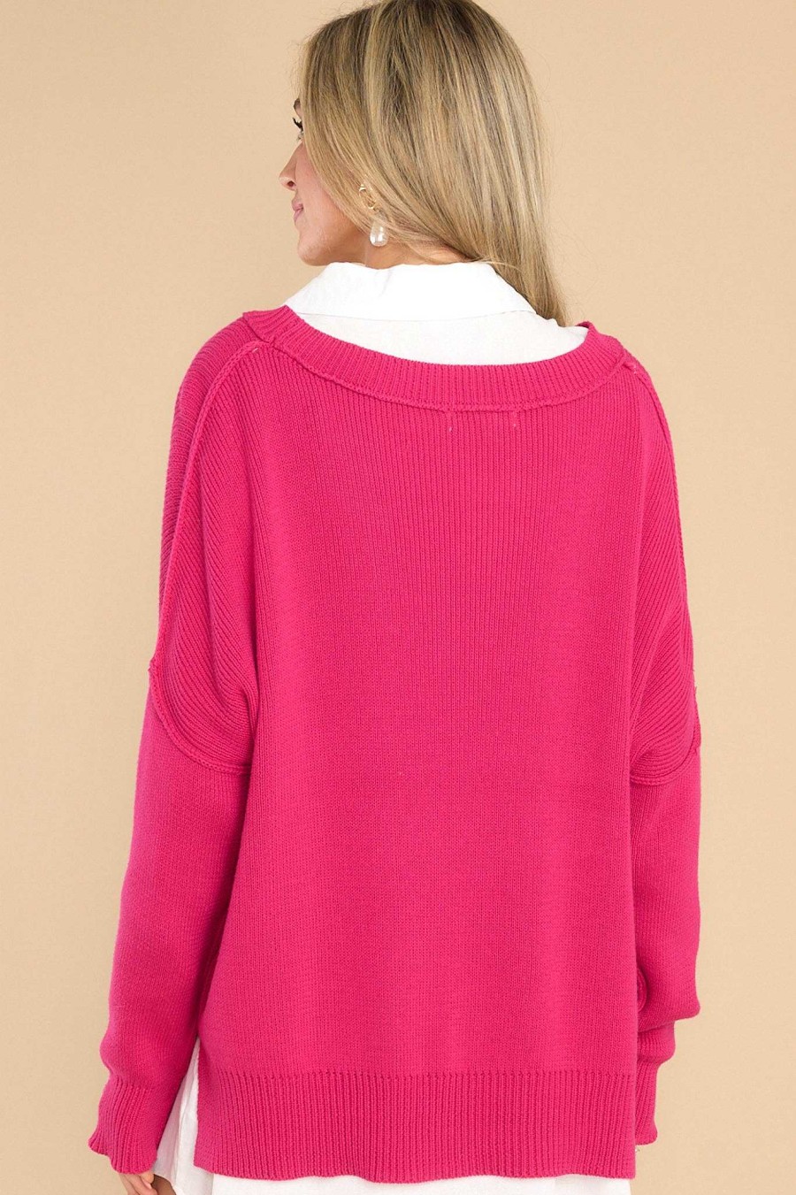 Clothing Red Dress Casual Tops | Giving Cheers Cotton Sweater Hot Pink