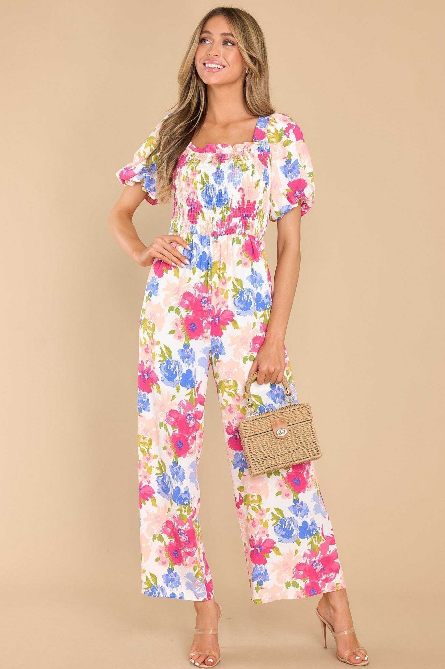 Clothing Red Dress Floral Dresses | Lushly Blooming Multi Floral Print Jumpsuit Pink