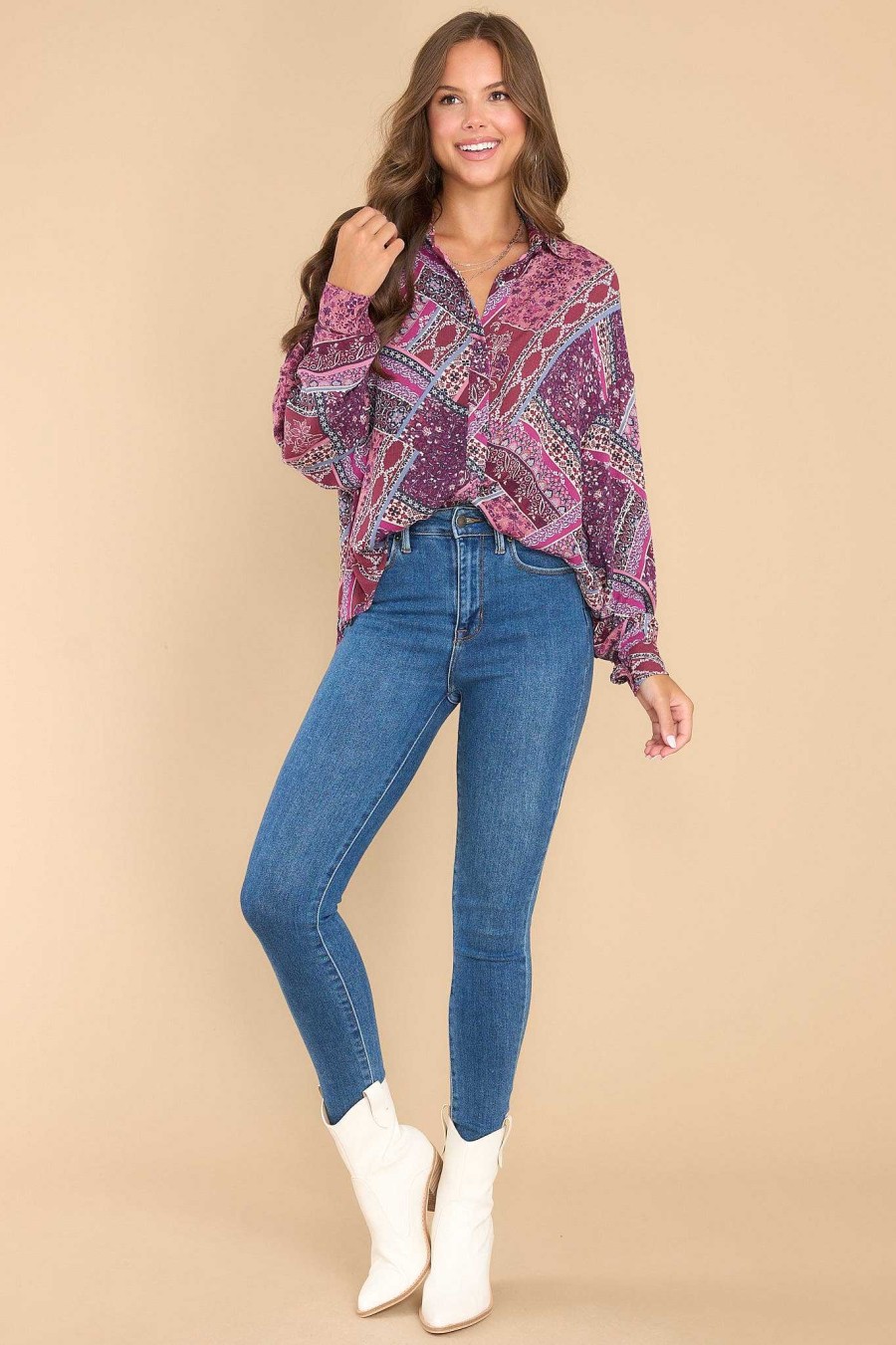 Clothing Aura Blouses & Shirts | Who Can Say Multi Print Top Purple