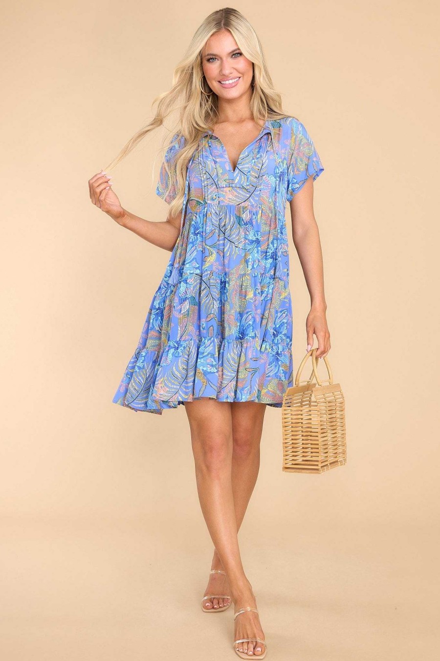 Clothing Red Dress Mini Dresses | Sweet Imagination Tropical Print Dress Blue