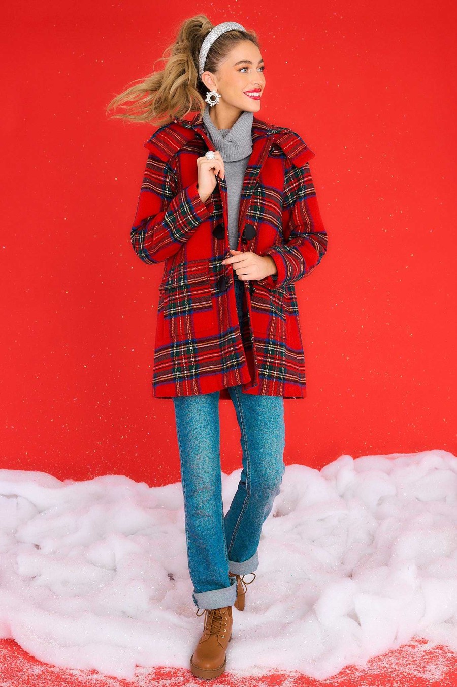 Clothing Aura Coats | Perfectly In Season Plaid Coat Red