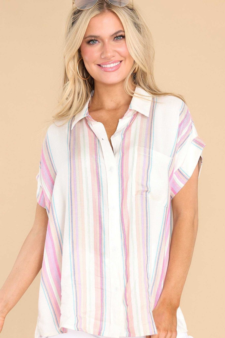 Clothing Red Dress Casual Tops | Front Cover Vibes Stripe Top White