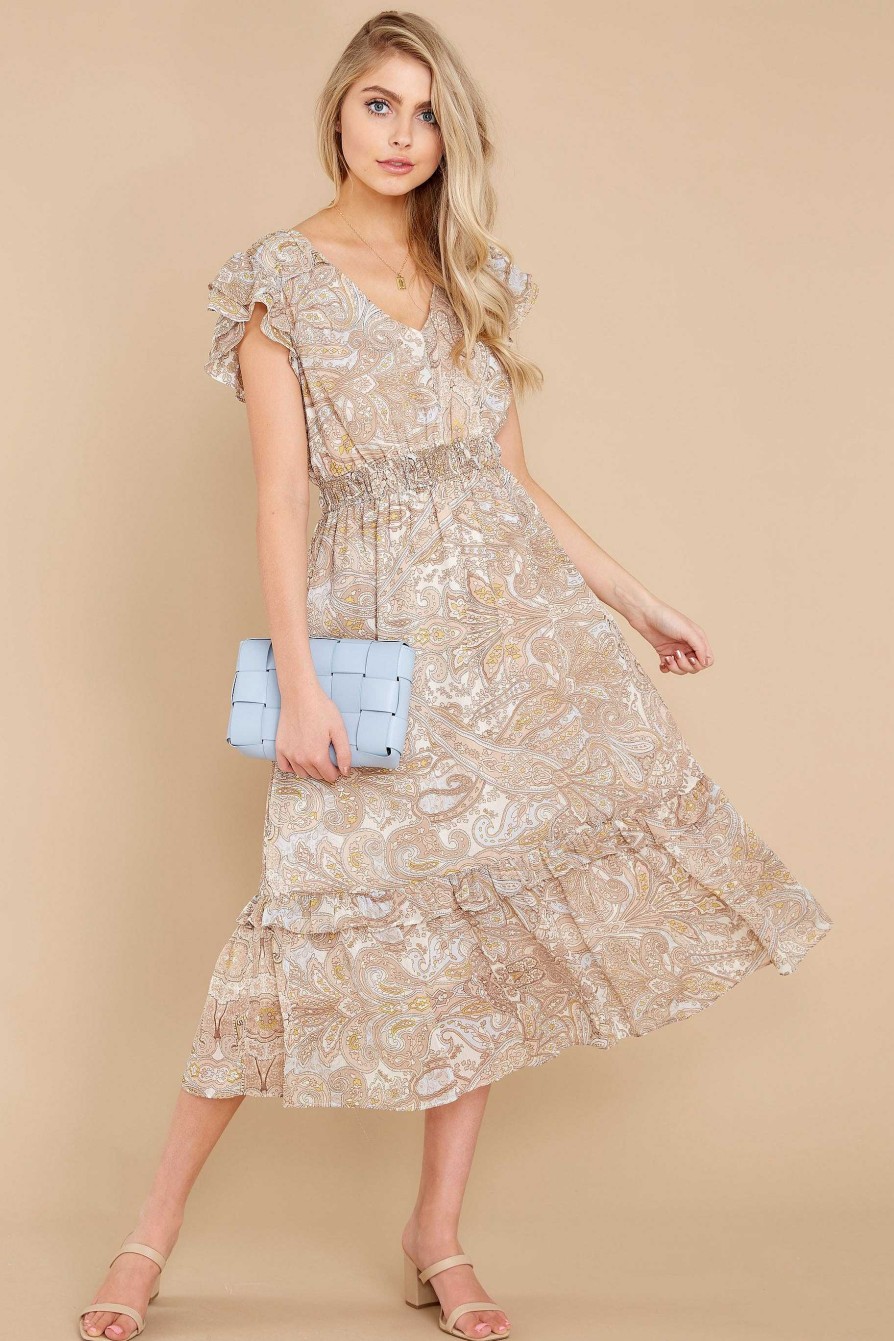 Clothing Red Dress Midi Dresses | Trail'S End Paisley Print Midi Dress Beige