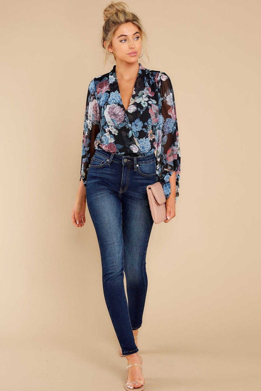 Clothing Red Dress Blouses & Shirts | Make Your Own Way Floral Print Bodysuit Black
