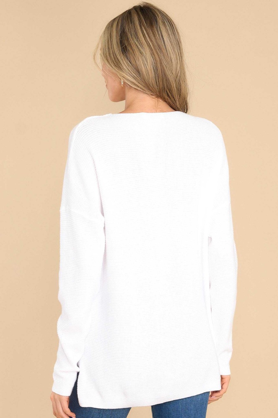 Clothing Red Dress Casual Tops | Listen Carefully White Waffle Knit Sweater Ivory
