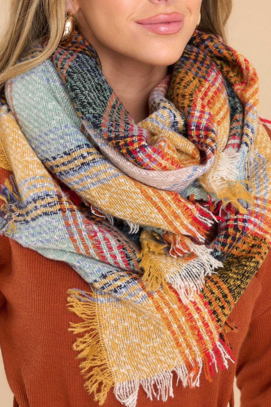Accessories Red Dress Scarves | Heartwarming Smile Multi Plaid Scarf Yellow