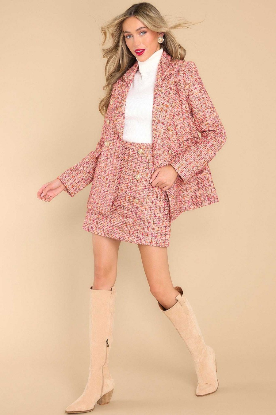 Clothing Red Dress Two Piece Sets | You Know Me Tweed Coat Magenta