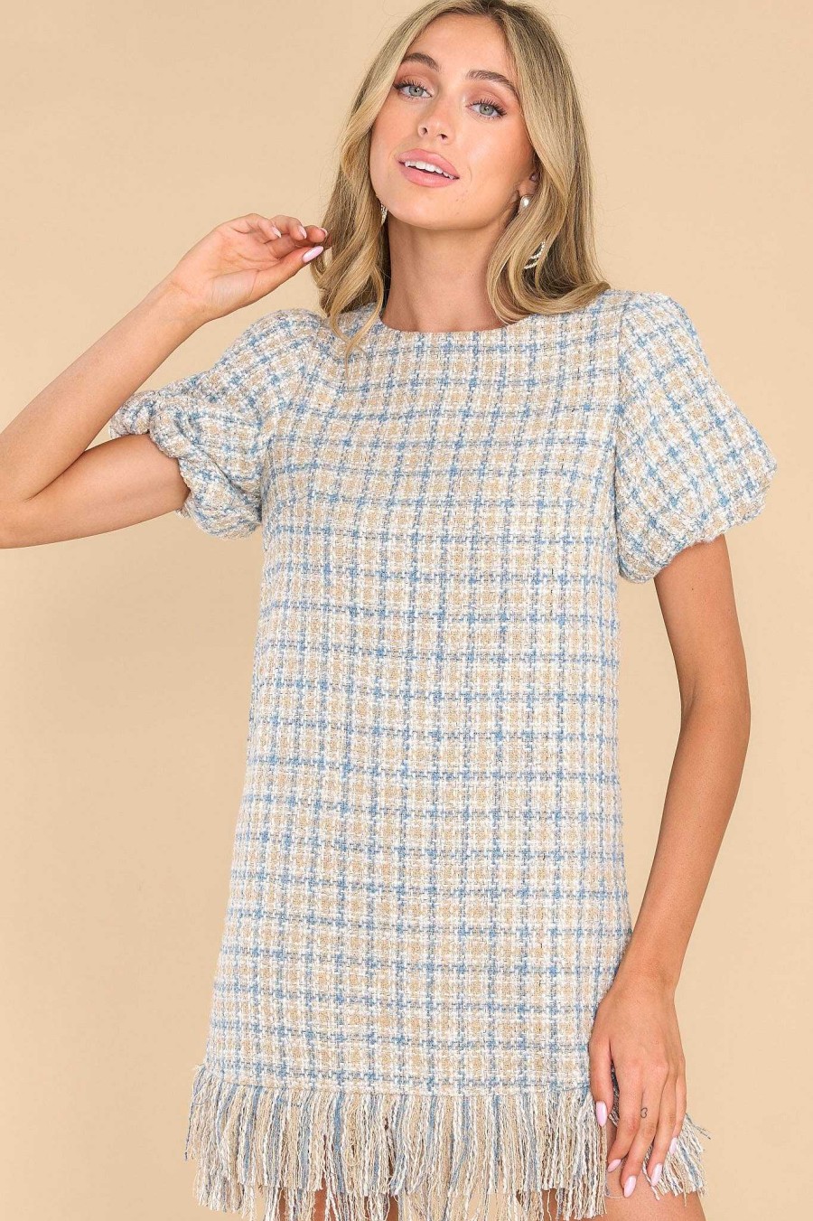 Clothing Aura Mini Dresses | Neutral Beauty Plaid Tweed Dress Beige