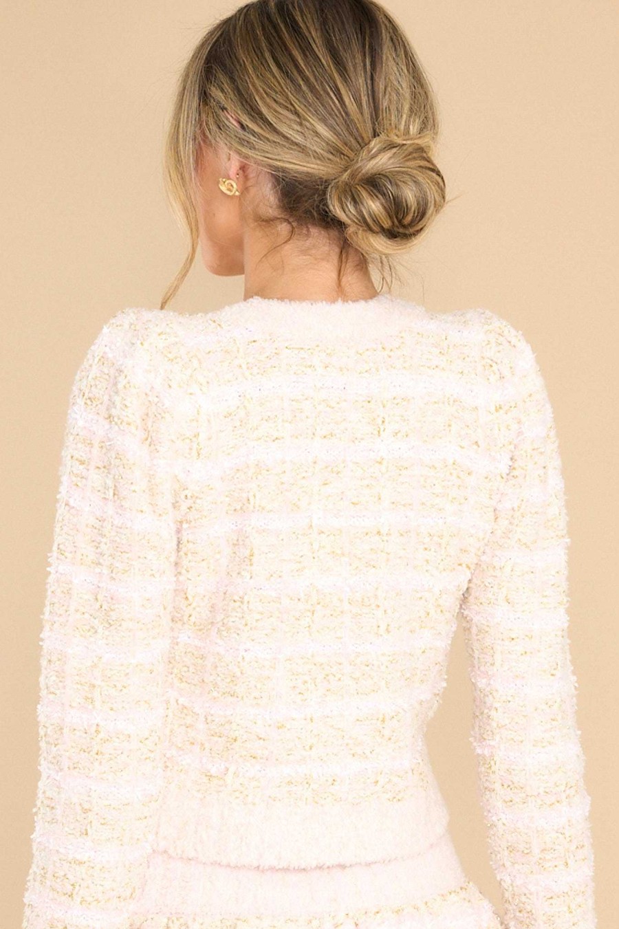 Clothing LoveShackFancy Cardigans | Saxson Cream Puff Pink Tweed Cardigan Light Pink