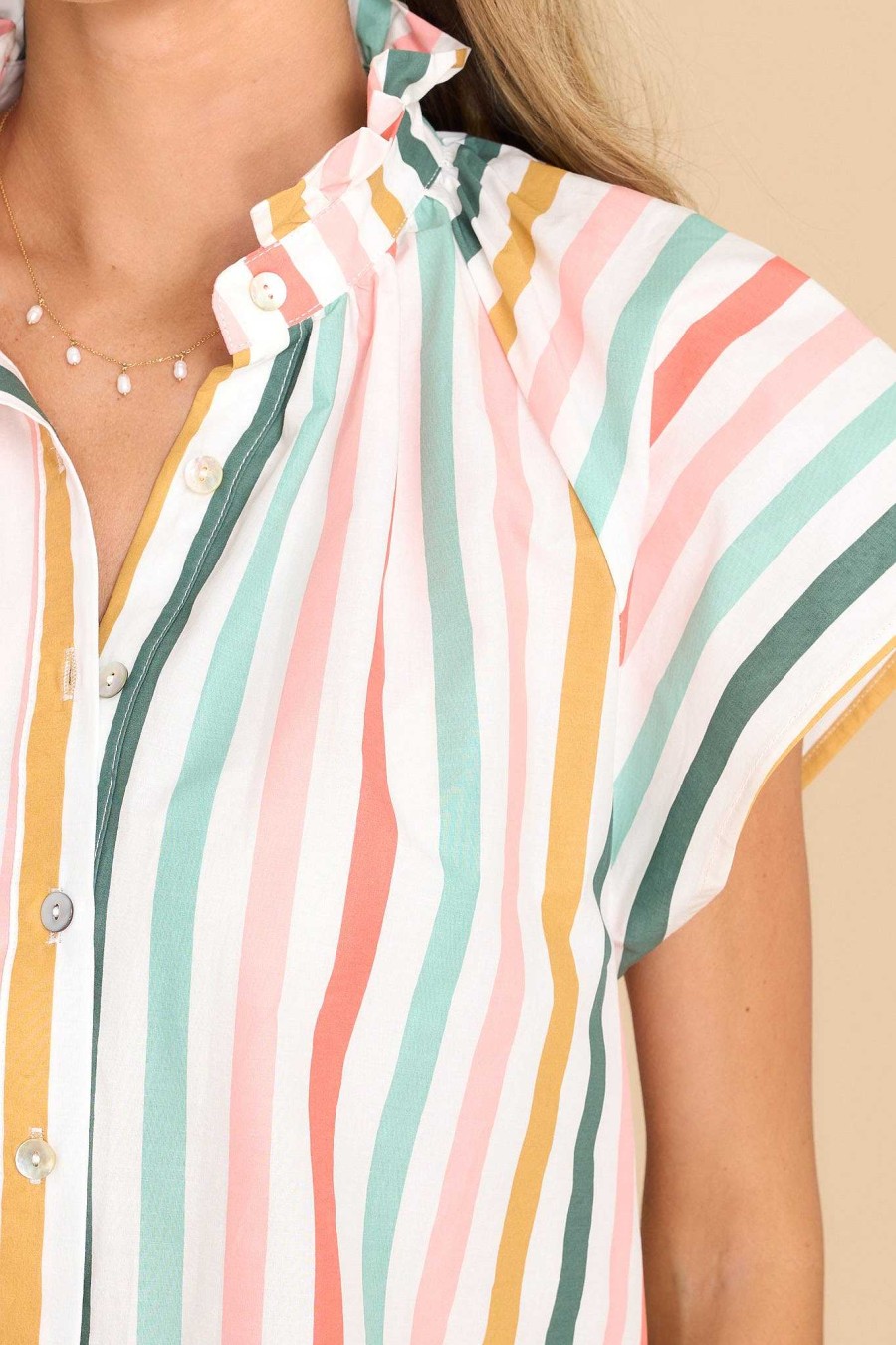 Clothing Aura Casual Tops | Sailing Away Spiced Multi Stripe Top Coral
