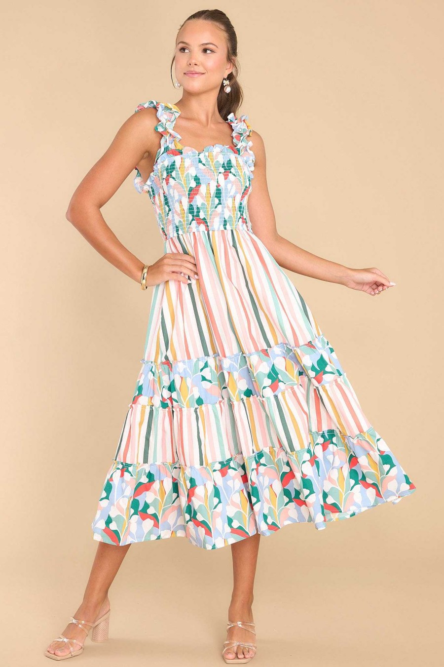 Clothing Aura Midi Dresses | Such A Dreamer Multi Stripe Midi Dress Desert Sage