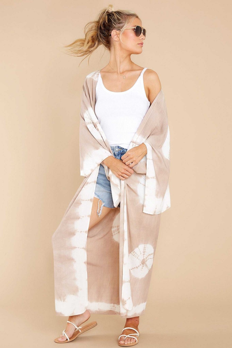 Clothing Red Dress Cover Ups | Focus On The Good Tie Dye Kimono Light Mocha