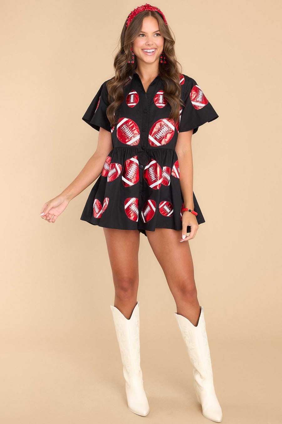 Clothing Queen of Sparkles Rompers | Red Football Romper Black