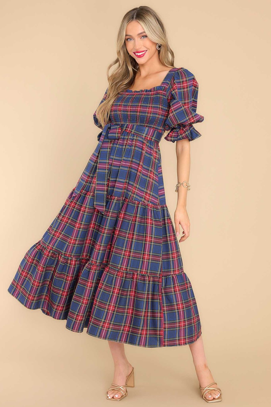 Clothing Aura Midi Dresses | Wishful Wonderland Plaid Midi Dress Navy