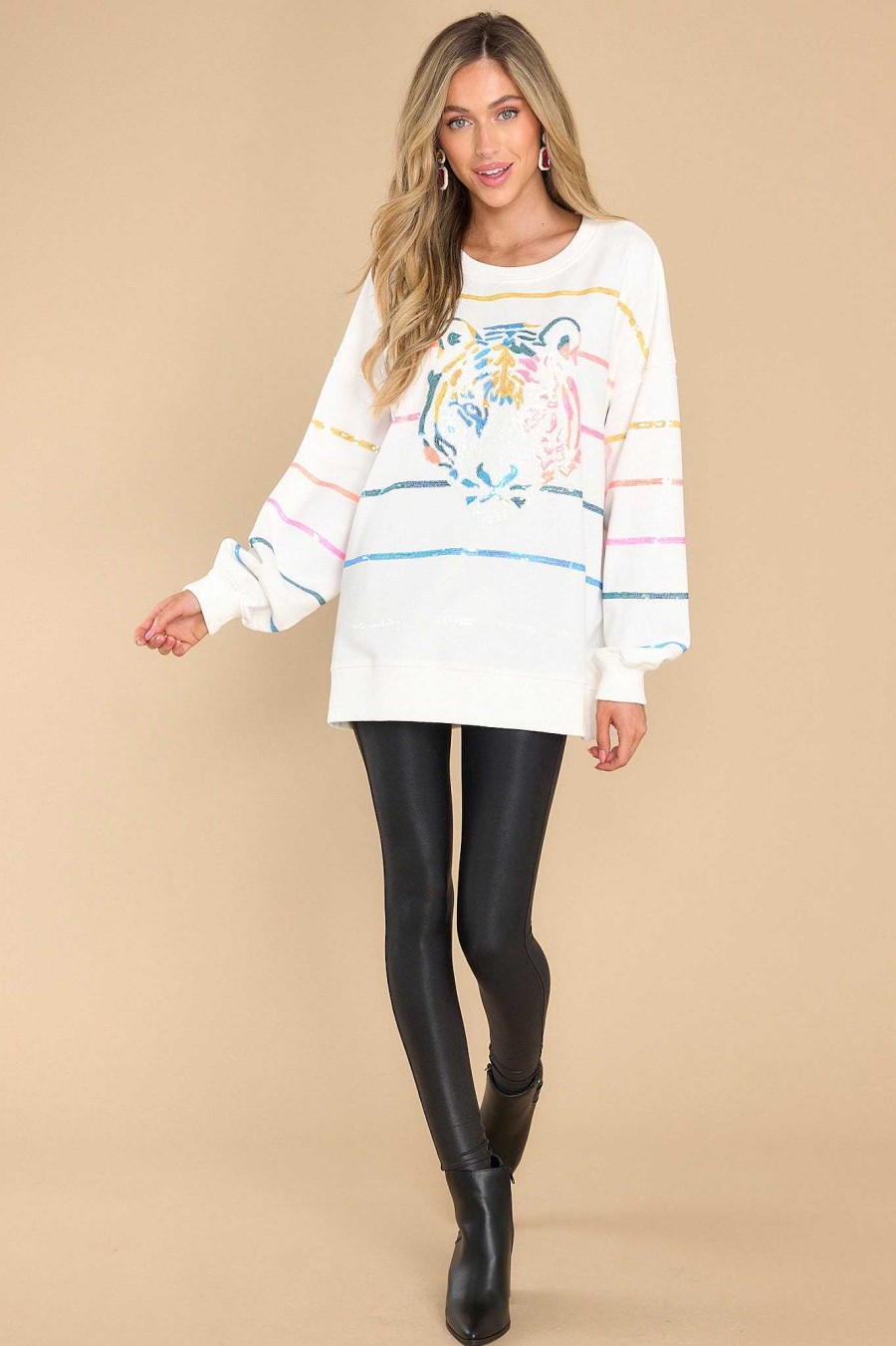 Clothing Peach Love California Casual Tops | Fearless Intuition Multi Stripe Sweatshirt White