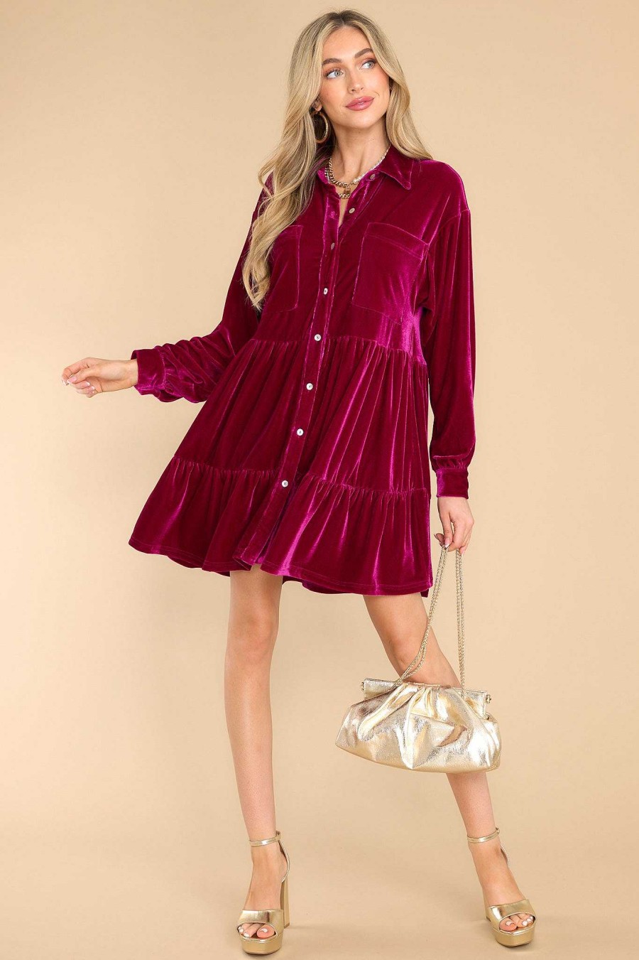 Clothing Aura Mini Dresses | Flaming Embers Faux Velvet Dress Berry