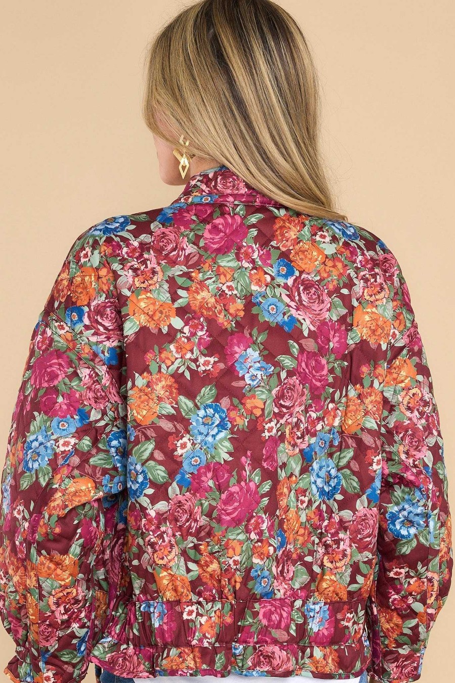 Clothing Aura Two Piece Sets | Blooming Hope Multi Floral Print Jacket Cranberry