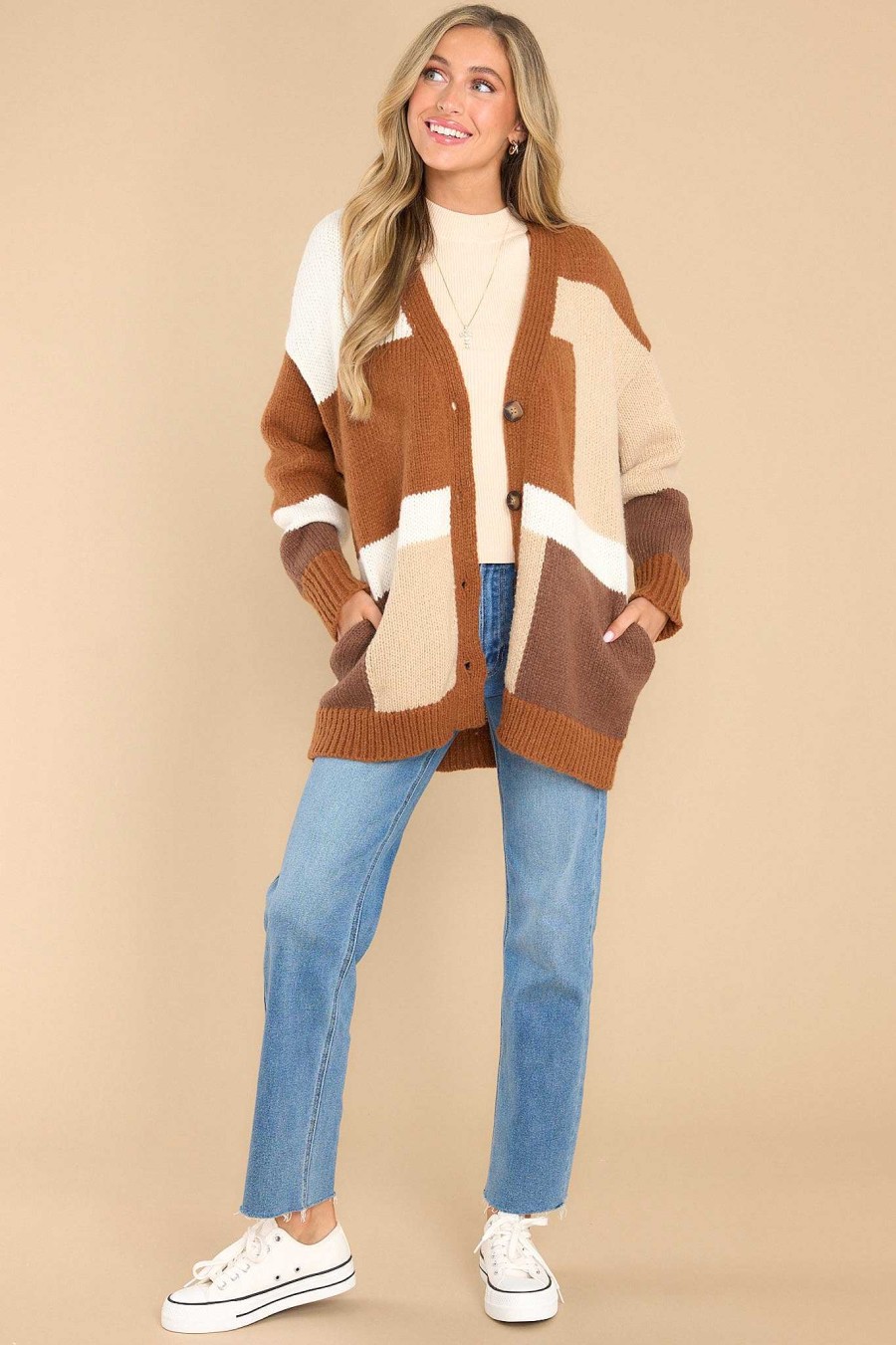 Clothing Red Dress Sweaters | Block Him Colorblock Cardigan Brown