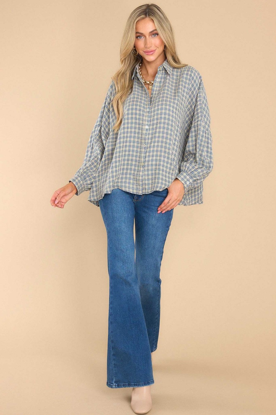 Clothing Aura Casual Tops | Keep Showing Up Plaid Top Blue