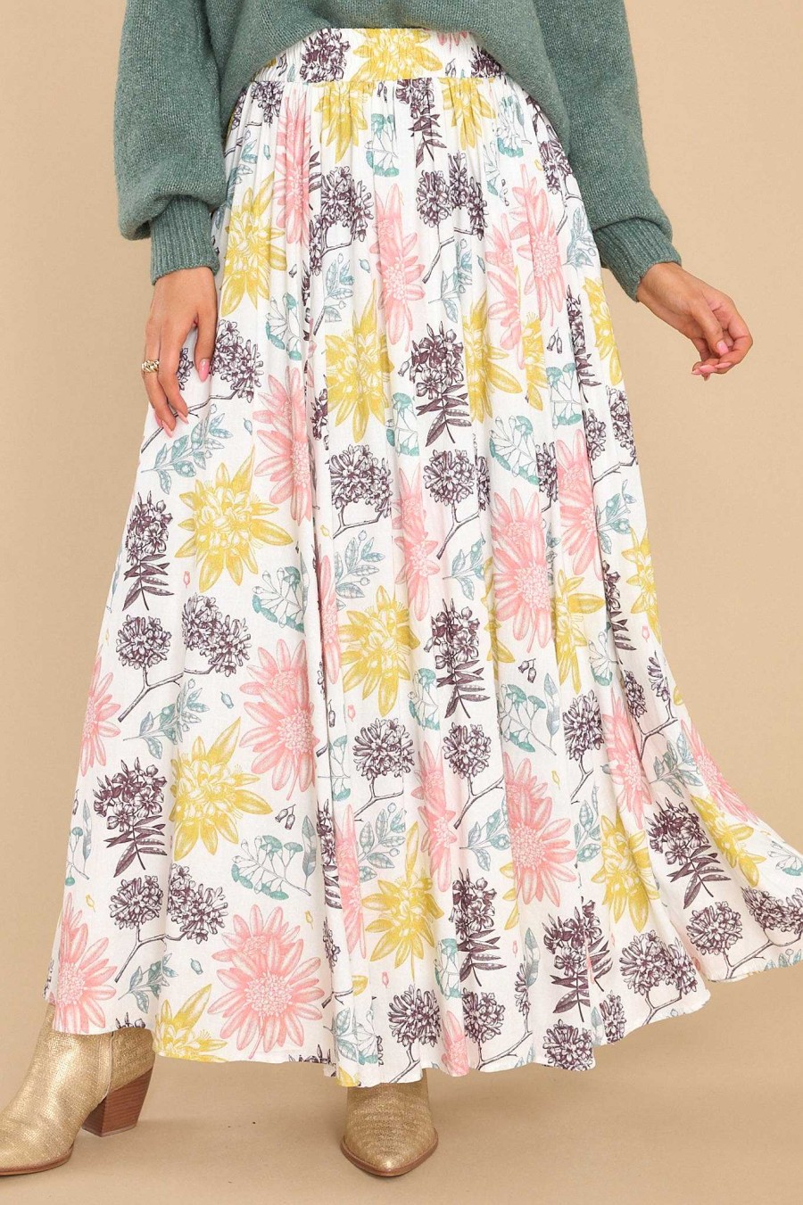 Clothing Aura Skirts | Never Let You Go Floral Print Maxi Skirt Ivory