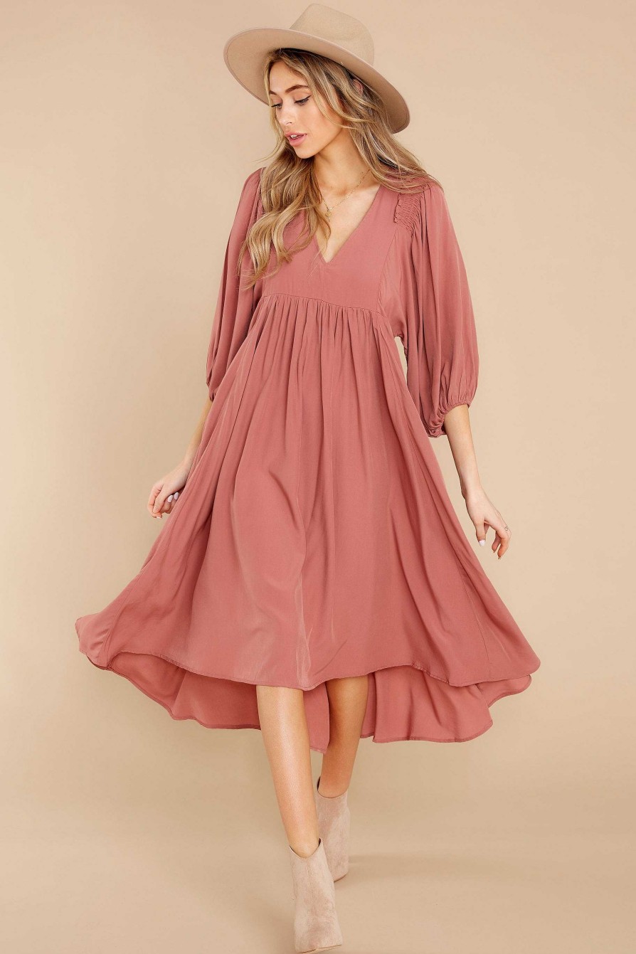 Clothing Red Dress Long Sleeve Dresses | Sweet Interlude High-Low Dress Rosewood