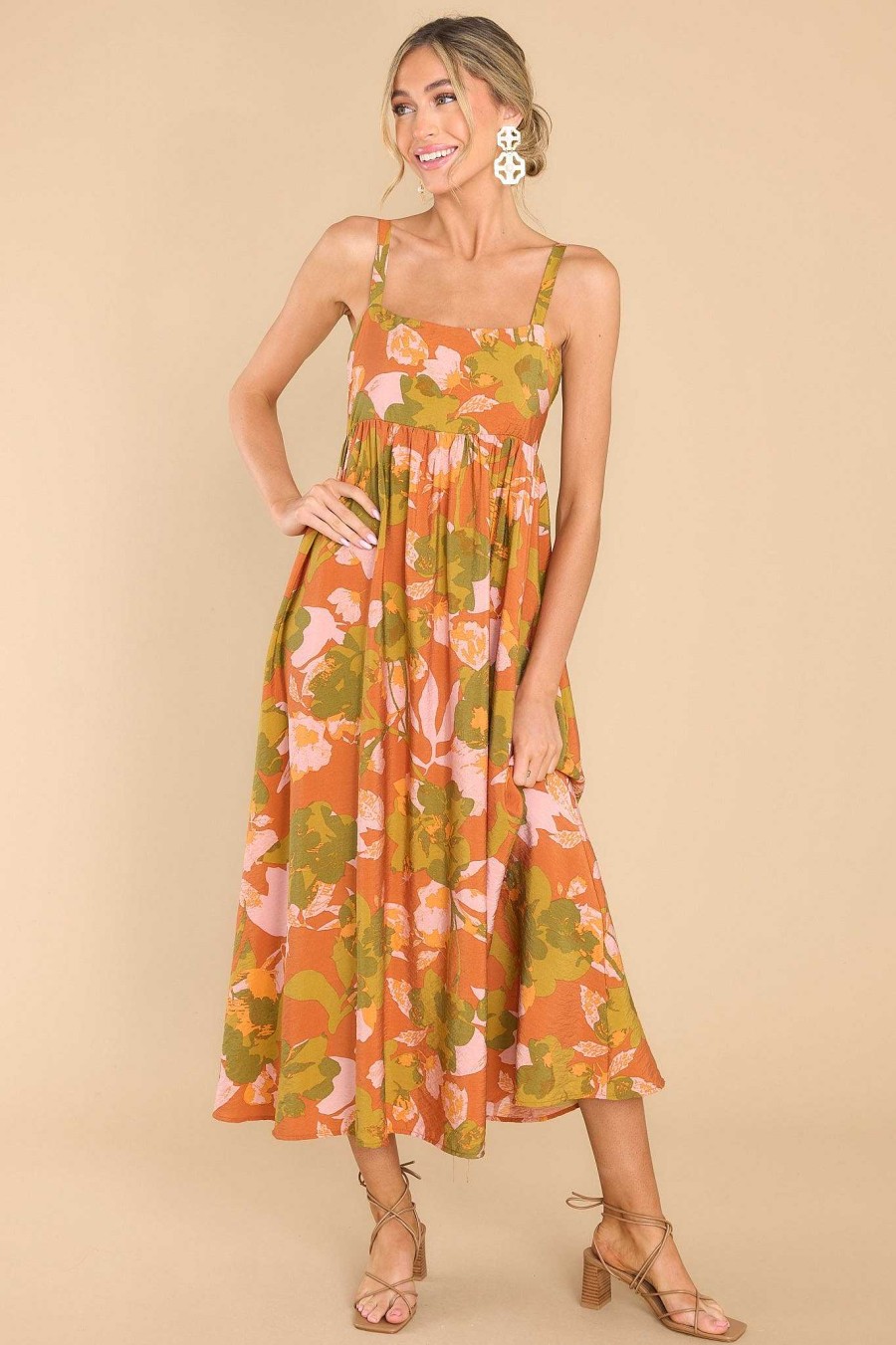 Clothing Red Dress Maxi Dresses | Dramatically Cute Floral Print Maxi Dress Rust