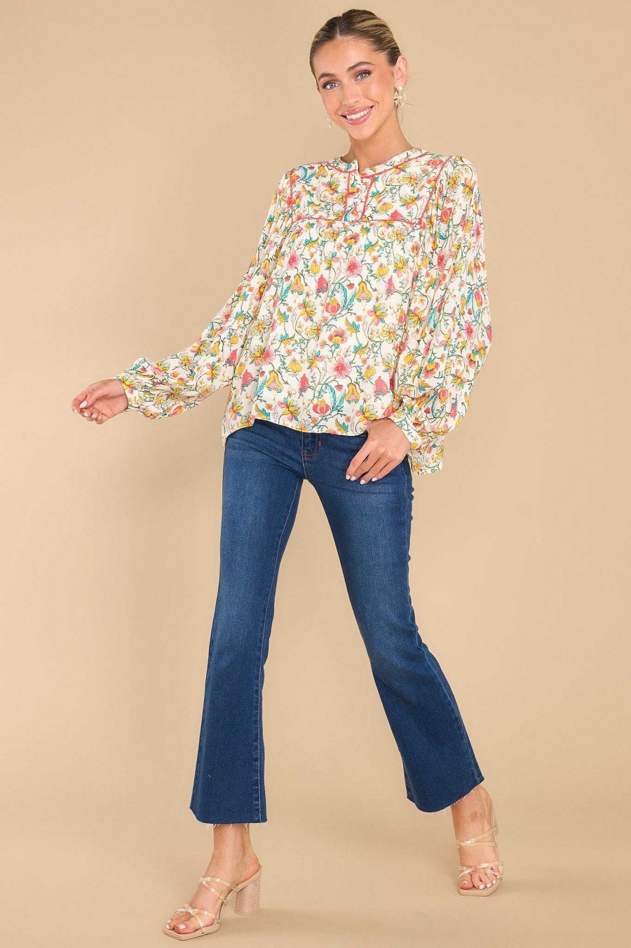 Clothing Red Dress Casual Tops | Can'T Talk Right Now Floral Print Top Ivory