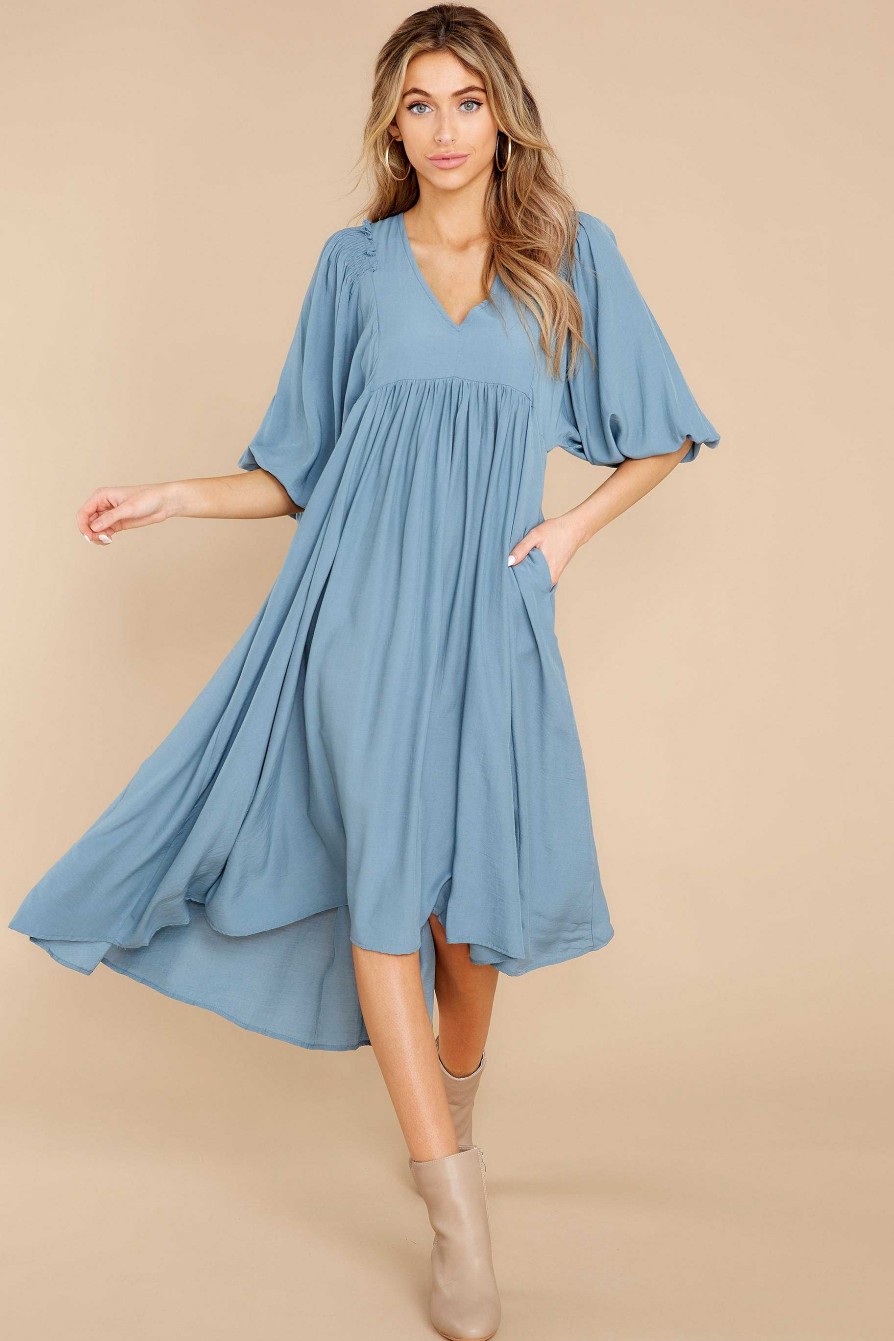 Clothing Red Dress Long Sleeve Dresses | Sweet Interlude High-Low Dress Dusty Blue