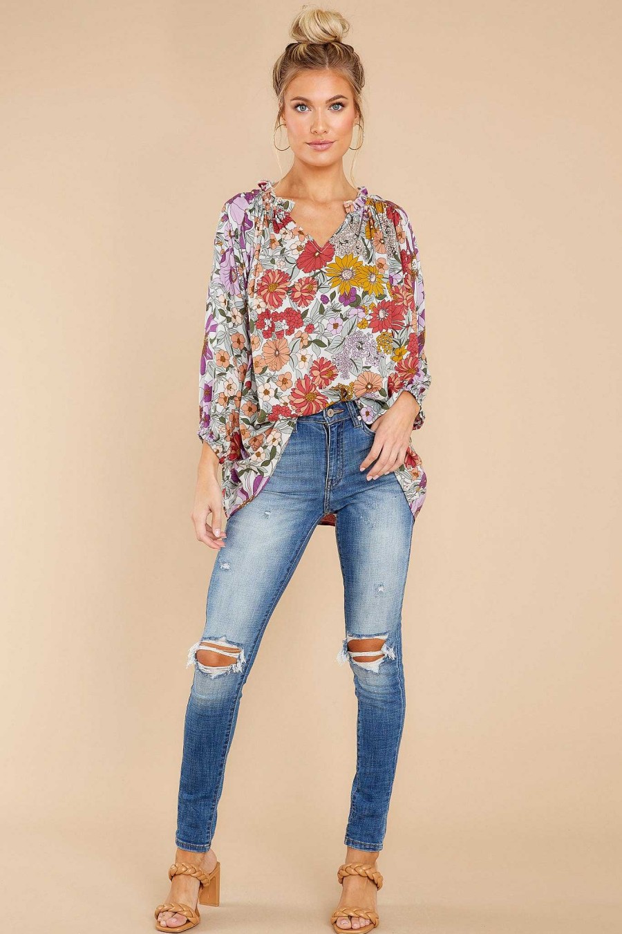 Clothing Red Dress Blouses & Shirts | Blooming Surprise Purple Multi Floral Print Top Blooming Purple
