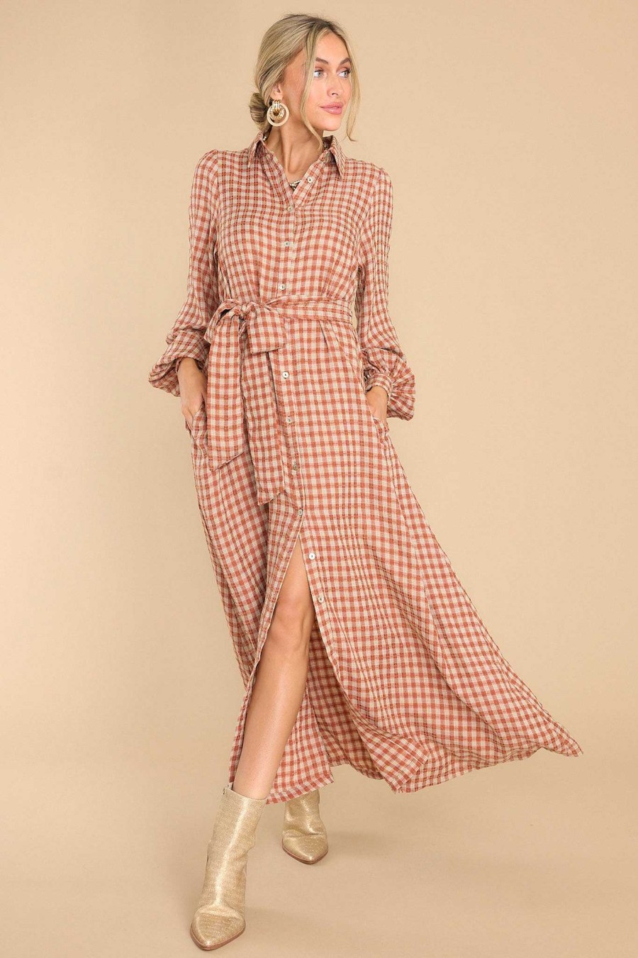 Clothing Aura Maxi Dresses | Rustic Elegance Plaid Maxi Dress Brick