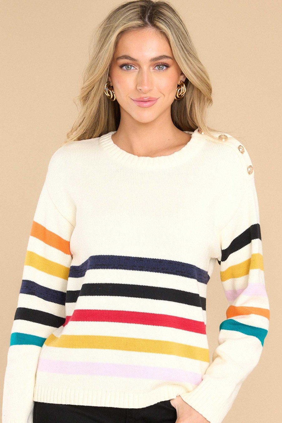 Clothing Endless Rose Casual Tops | Loving The Feeling Multi Stripe Sweater Ivory