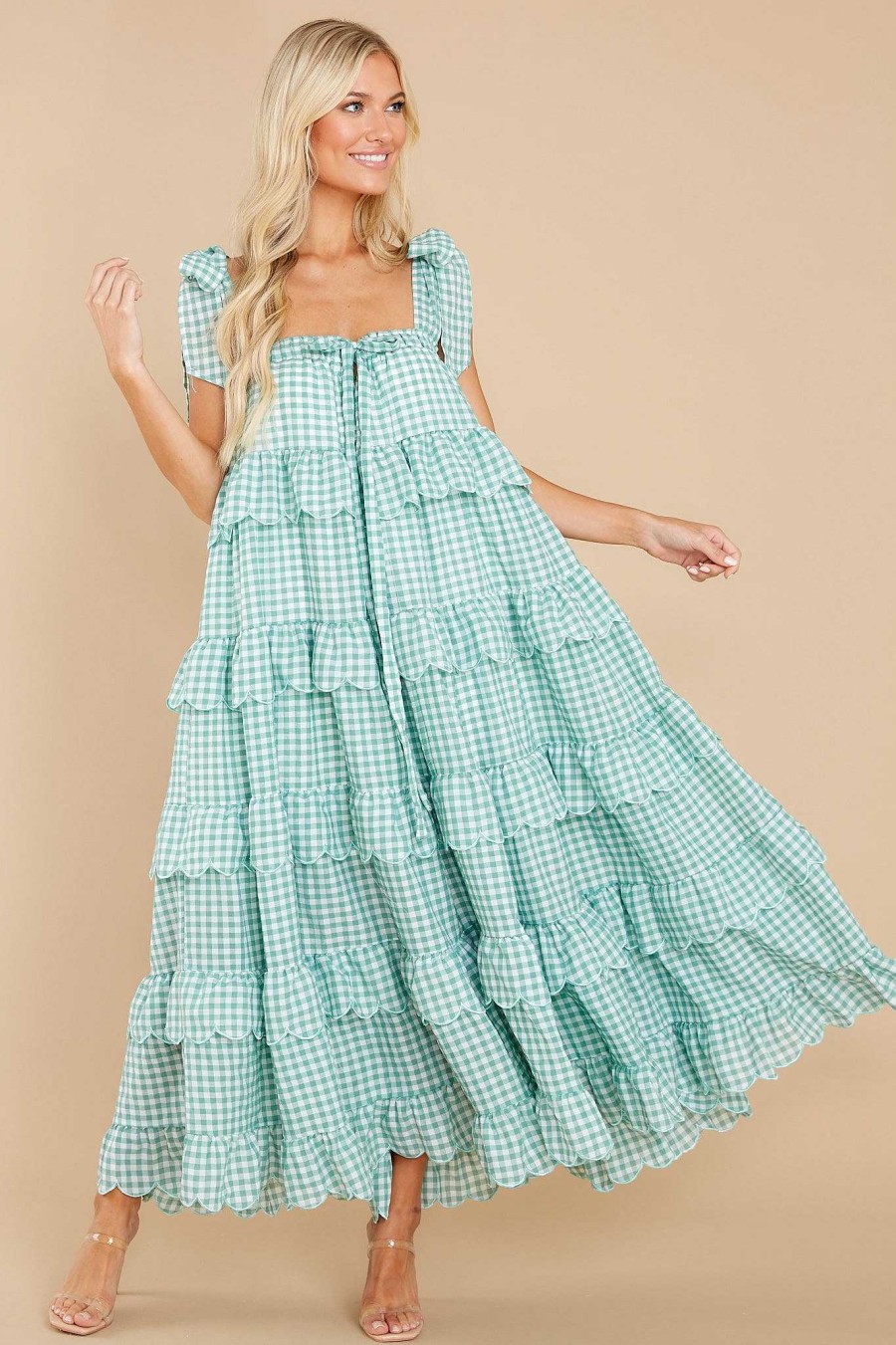 Clothing Red Dress Maxi Dresses | Made To Admire Aloe Green Gingham Dress Aloegreen