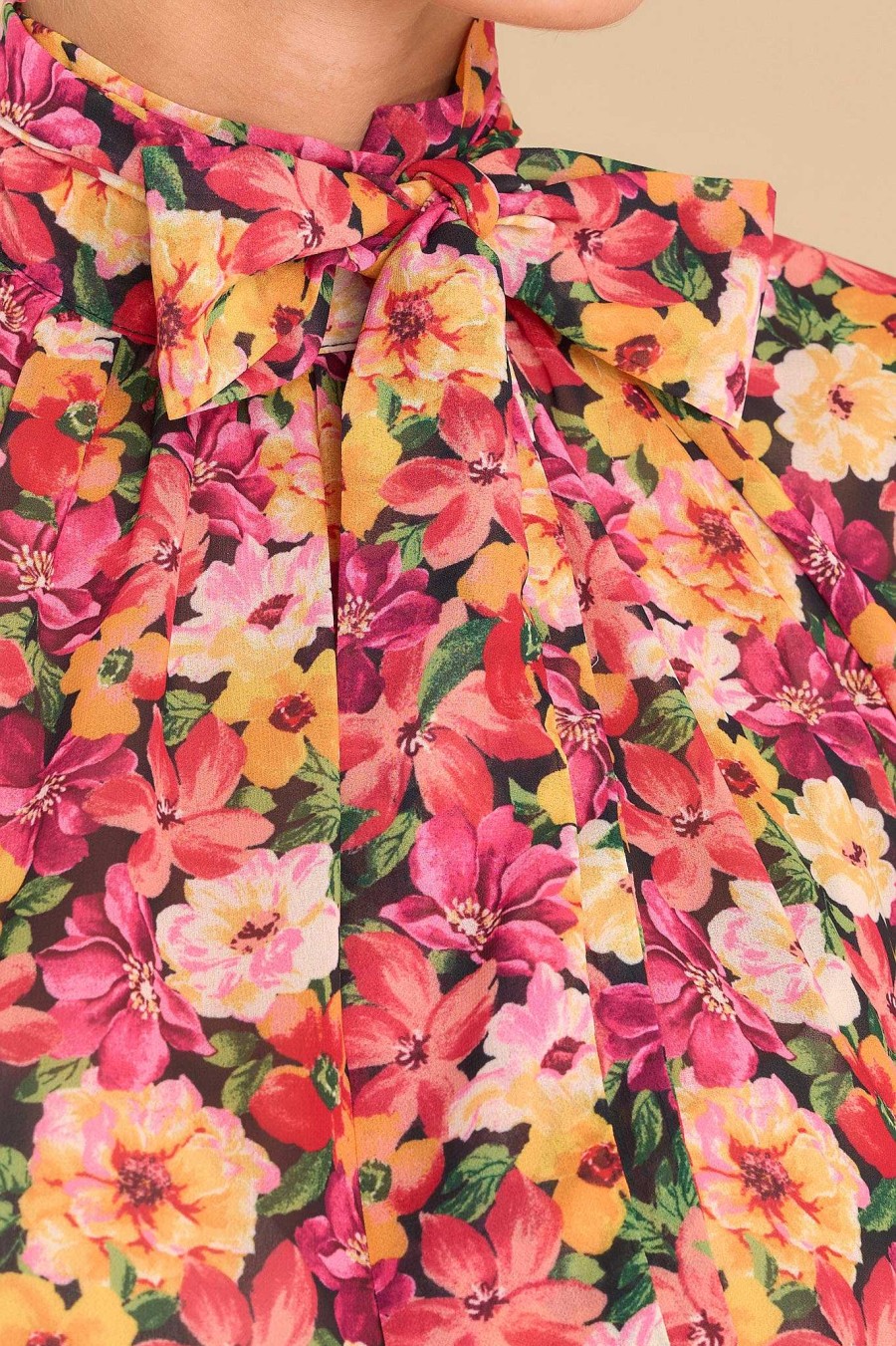 Clothing Aura Casual Tops | Beautiful Borders Multi Floral Print Top Pink