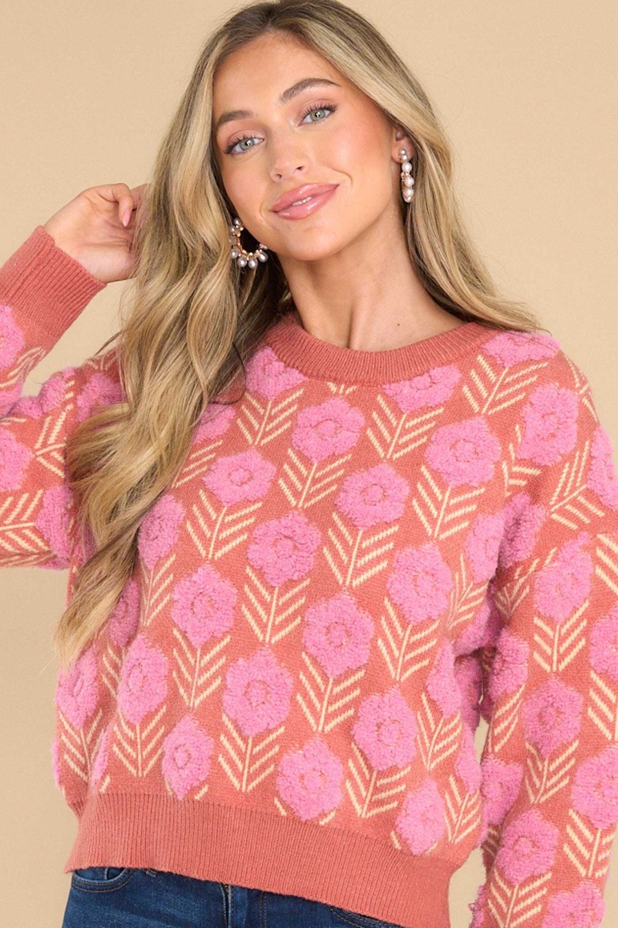 Clothing Red Dress Casual Tops | Used To You Floral Print Sweater Dark Coral